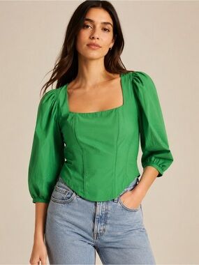 Jason Wu Green Boned Corset Blouse Puff Sleeve Square Neck Top